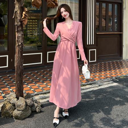 FA44710# 视频秋季新款时尚v领显瘦长裙收腰连衣裙 服裝批發女裝批發服飾貨源