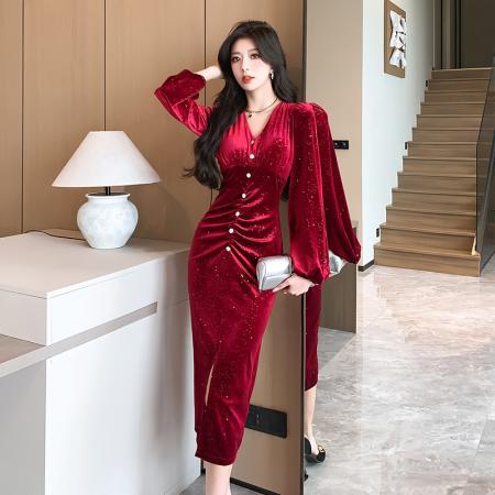 FA44711# 视频秋冬新款女V领长袖丝绒复古褶皱收腰开叉连衣裙长裙 服裝批發女裝批發服飾貨源
