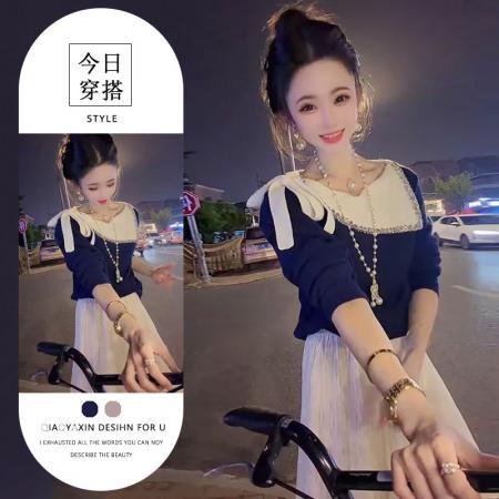 LN76318# 早秋法式高级巨好看气质蝴蝶结漂亮上衣独特别致半身裙两件套 服裝批發女裝批發服飾貨源