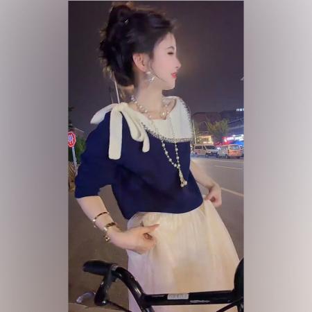 LN76318# 早秋法式高级巨好看气质蝴蝶结漂亮上衣独特别致半身裙两件套 服裝批發女裝批發服飾貨源