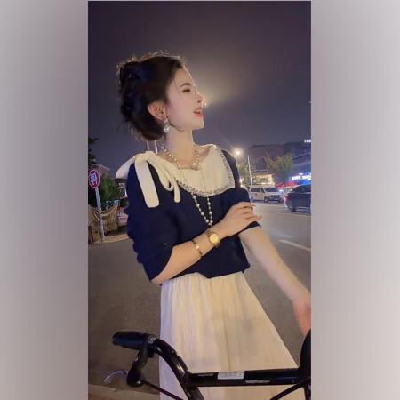 LN76318# 早秋法式高级巨好看气质蝴蝶结漂亮上衣独特别致半身裙两件套 服裝批發女裝批發服飾貨源
