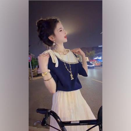 LN76318# 早秋法式高级巨好看气质蝴蝶结漂亮上衣独特别致半身裙两件套 服裝批發女裝批發服飾貨源