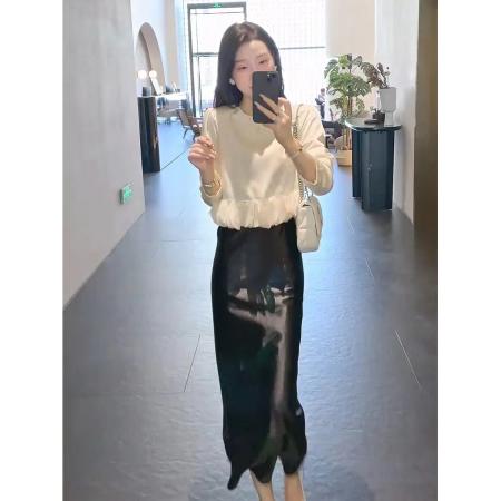 LN76319# 秋季新款设计感气质百搭拼接立体花瓣下摆泡泡袖圆领T恤女上衣潮 服裝批發女裝批發服飾貨源