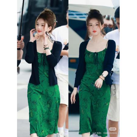 LN76326# 许我耀眼赵露思许妍同款欧美辣妹纯欲风蝴蝶印花绿色吊带连衣裙女 服裝批發女裝批發服飾貨源