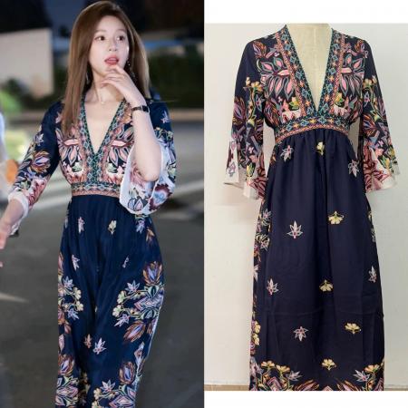 LN76329# 许我耀眼赵露思许妍同款衣服穿搭黑色碎花吊带连衣裙蕾丝拼接长裙 服裝批發女裝批發服飾貨源