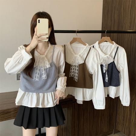 FA44718# 大码女装新款蝴蝶结系带清新长袖衬衫早秋假两件设计感上衣 服裝批發女裝批發服飾貨源