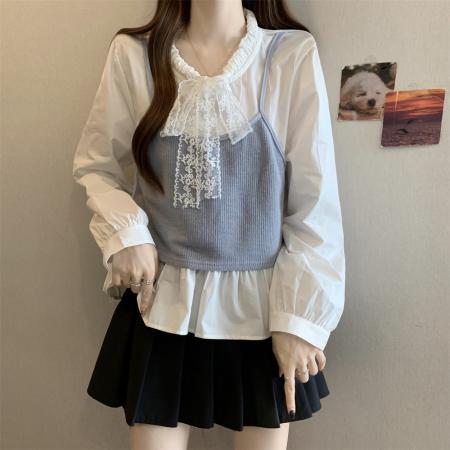 FA44718# 大码女装新款蝴蝶结系带清新长袖衬衫早秋假两件设计感上衣 服裝批發女裝批發服飾貨源