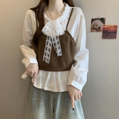 FA44718# 大码女装新款蝴蝶结系带清新长袖衬衫早秋假两件设计感上衣 服裝批發女裝批發服飾貨源