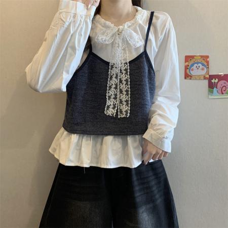 FA44718# 大码女装新款蝴蝶结系带清新长袖衬衫早秋假两件设计感上衣 服裝批發女裝批發服飾貨源