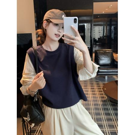 FA44727# 秋季新宽松韩系条纹假两件衬衫女 服裝批發女裝批發服飾貨源
