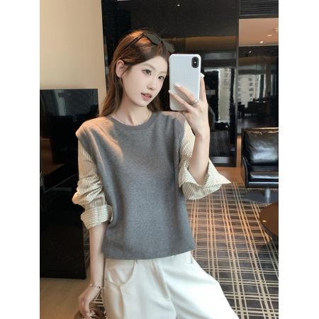 FA44727# 秋季新宽松韩系条纹假两件衬衫女 服裝批發女裝批發服飾貨源