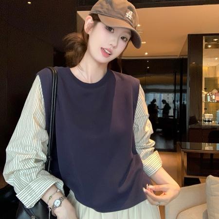 FA44727# 秋季新宽松韩系条纹假两件衬衫女 服裝批發女裝批發服飾貨源