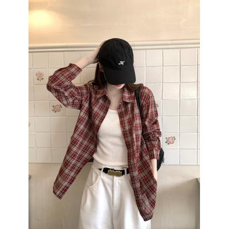 FA44734# 秋季新款韩系复古红色格子衬衫女 服裝批發女裝批發服飾貨源