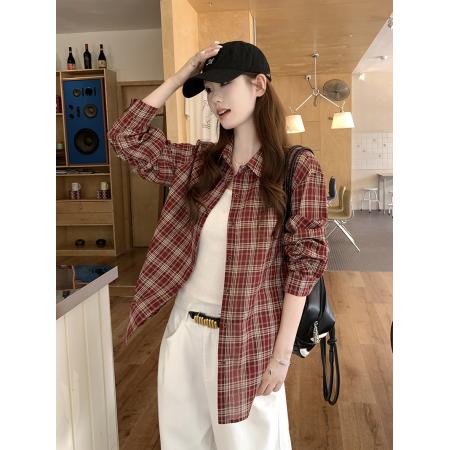 FA44734# 秋季新款韩系复古红色格子衬衫女 服裝批發女裝批發服飾貨源