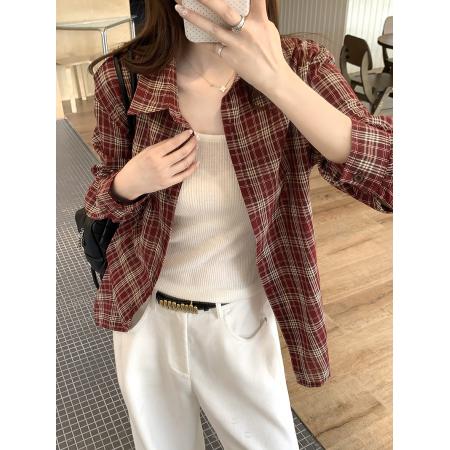 FA44734# 秋季新款韩系复古红色格子衬衫女 服裝批發女裝批發服飾貨源