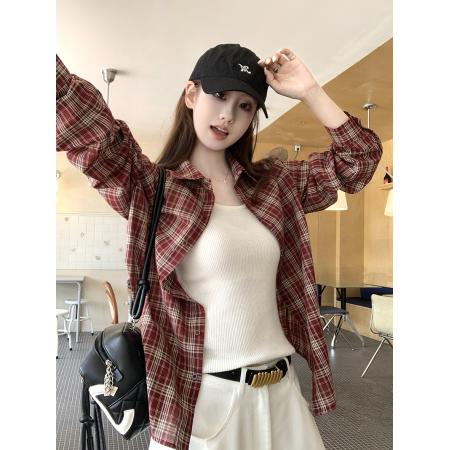 FA44734# 秋季新款韩系复古红色格子衬衫女 服裝批發女裝批發服飾貨源