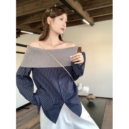 FA44735# 高级感条纹拼接一字肩长袖衬衫上衣女 服裝批發女裝批發服飾貨源