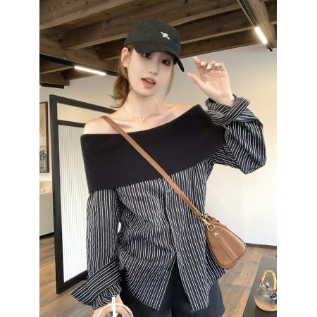 FA44735# 高级感条纹拼接一字肩长袖衬衫上衣女 服裝批發女裝批發服飾貨源