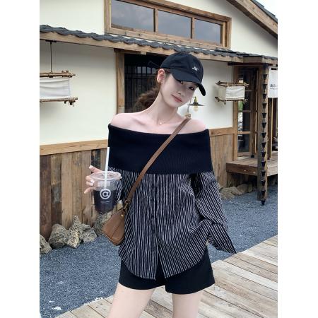 FA44735# 高级感条纹拼接一字肩长袖衬衫上衣女 服裝批發女裝批發服飾貨源