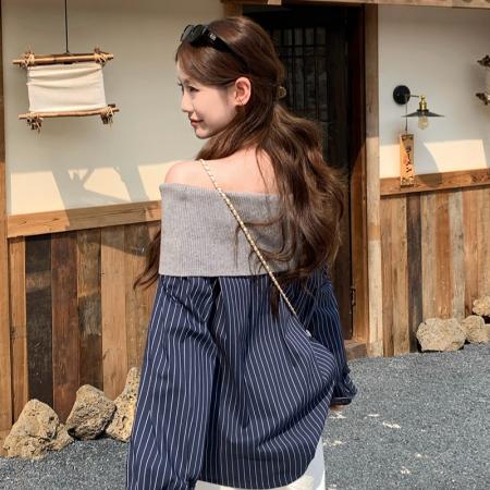 FA44735# 高级感条纹拼接一字肩长袖衬衫上衣女 服裝批發女裝批發服飾貨源