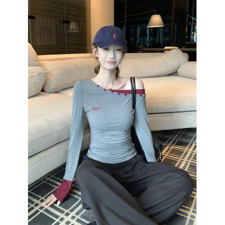 FA44738# 秋季新款拼色斜肩修身显瘦上衣 服裝批發女裝批發服飾貨源