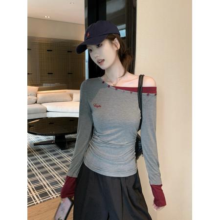 FA44738# 秋季新款拼色斜肩修身显瘦上衣 服裝批發女裝批發服飾貨源
