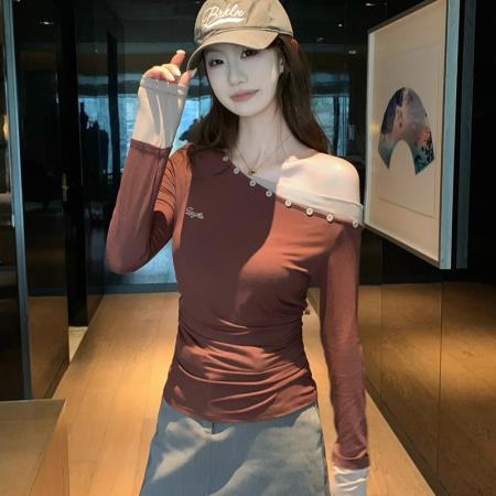 FA44738# 秋季新款拼色斜肩修身显瘦上衣 服裝批發女裝批發服飾貨源