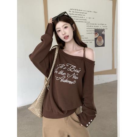 FA44740# 美式咖色字母露肩卫衣女 服裝批發女裝批發服飾貨源