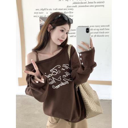 FA44740# 美式咖色字母露肩卫衣女 服裝批發女裝批發服飾貨源