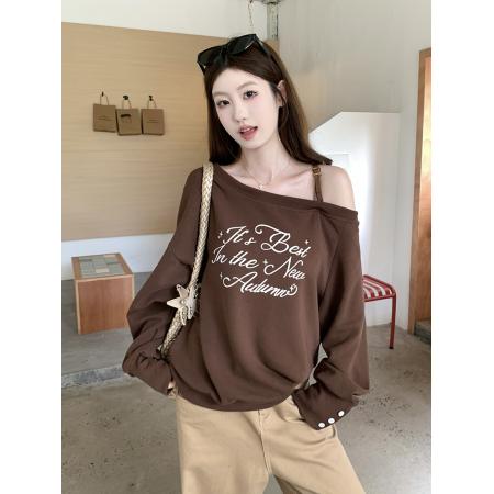 FA44740# 美式咖色字母露肩卫衣女 服裝批發女裝批發服飾貨源