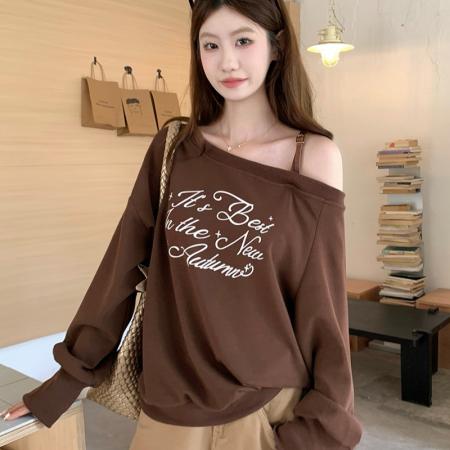 FA44740# 美式咖色字母露肩卫衣女 服裝批發女裝批發服飾貨源