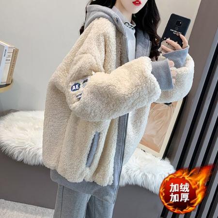 FA44775# 米粒绒复合真超秋冬加绒加厚拼色连帽卫衣外套 服裝批發女裝批發服飾貨源