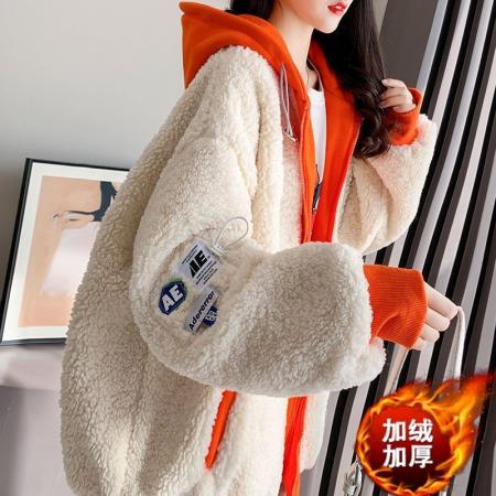FA44775# 米粒绒复合真超秋冬加绒加厚拼色连帽卫衣外套 服裝批發女裝批發服飾貨源