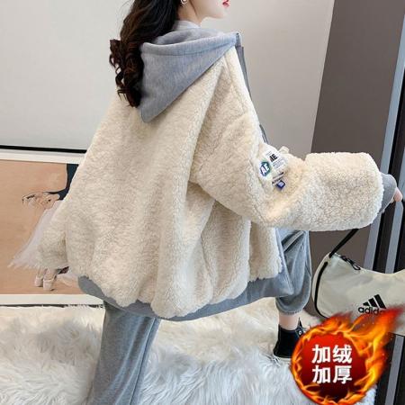 FA44775# 米粒绒复合真超秋冬加绒加厚拼色连帽卫衣外套 服裝批發女裝批發服飾貨源