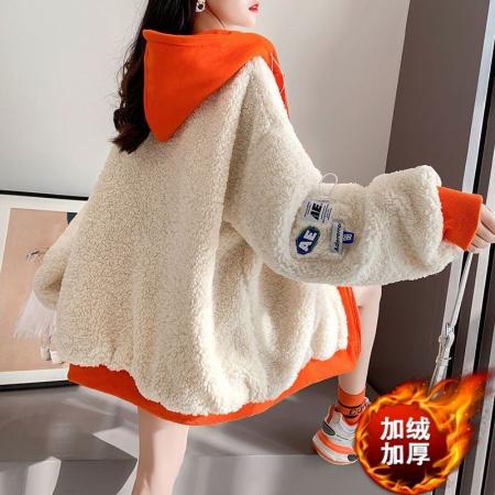 FA44775# 米粒绒复合真超秋冬加绒加厚拼色连帽卫衣外套 服裝批發女裝批發服飾貨源