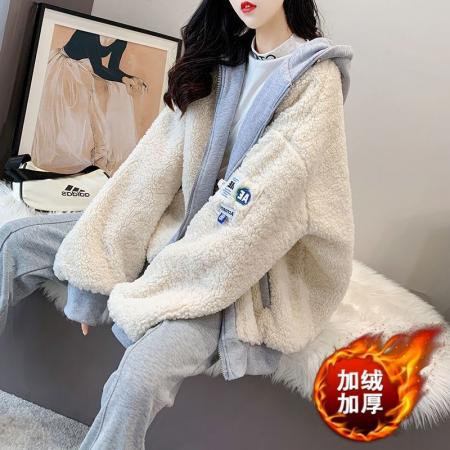 FA44775# 米粒绒复合真超秋冬加绒加厚拼色连帽卫衣外套 服裝批發女裝批發服飾貨源