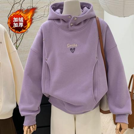 FA44776# 仿华棉复真超牙刷绣双层帽秋冬季加绒加厚连帽卫衣女外套 服裝批發女裝批發服飾貨源