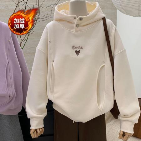 FA44776# 仿华棉复真超牙刷绣双层帽秋冬季加绒加厚连帽卫衣女外套 服裝批發女裝批發服飾貨源