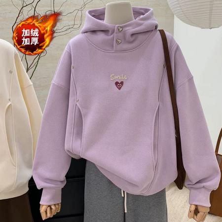FA44776# 仿华棉复真超牙刷绣双层帽秋冬季加绒加厚连帽卫衣女外套 服裝批發女裝批發服飾貨源