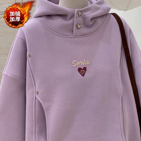 FA44776# 仿华棉复真超牙刷绣双层帽秋冬季加绒加厚连帽卫衣女外套 服裝批發女裝批發服飾貨源