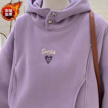 FA44776# 仿华棉复真超牙刷绣双层帽秋冬季加绒加厚连帽卫衣女外套 服裝批發女裝批發服飾貨源