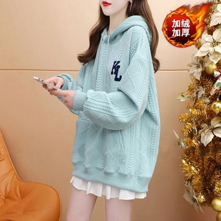 FA44777# 提花复超柔华夫格秋冬加绒加厚卫衣女刺绣字母胖mm大码连帽外套 服裝批發女裝批發服飾貨源