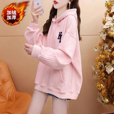 FA44777# 提花复超柔华夫格秋冬加绒加厚卫衣女刺绣字母胖mm大码连帽外套 服裝批發女裝批發服飾貨源