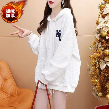FA44777# 提花复超柔华夫格秋冬加绒加厚卫衣女刺绣字母胖mm大码连帽外套 服裝批發女裝批發服飾貨源