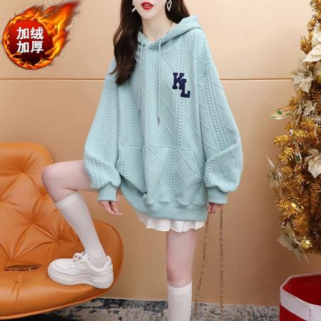 FA44777# 提花复超柔华夫格秋冬加绒加厚卫衣女刺绣字母胖mm大码连帽外套 服裝批發女裝批發服飾貨源