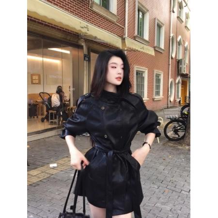 FA44785# 黑色皮衣女中长款秋款韩版蛋白软立领皮夹克腰带款风衣pu皮衣外套 服裝批發女裝批發服飾貨源