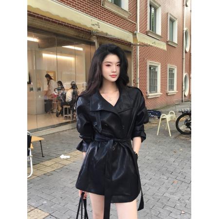 FA44785# 黑色皮衣女中长款秋款韩版蛋白软立领皮夹克腰带款风衣pu皮衣外套 服裝批發女裝批發服飾貨源
