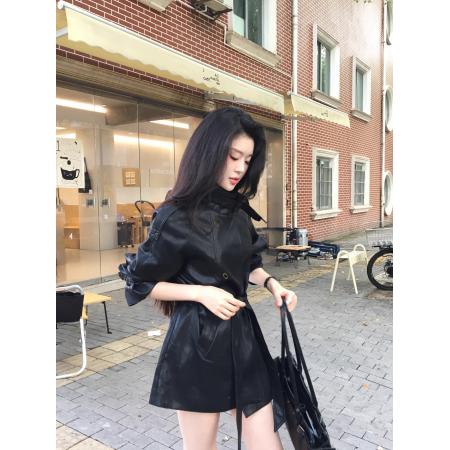 FA44785# 黑色皮衣女中长款秋款韩版蛋白软立领皮夹克腰带款风衣pu皮衣外套 服裝批發女裝批發服飾貨源