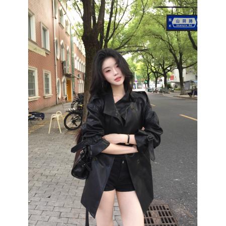 FA44785# 黑色皮衣女中长款秋款韩版蛋白软立领皮夹克腰带款风衣pu皮衣外套 服裝批發女裝批發服飾貨源
