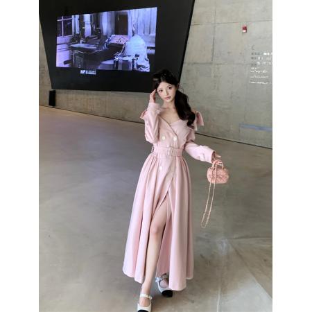 FA44789# 秋季气质大翻领双排扣收腰显瘦风衣长款外套连衣裙配腰带女 服裝批發女裝批發服飾貨源